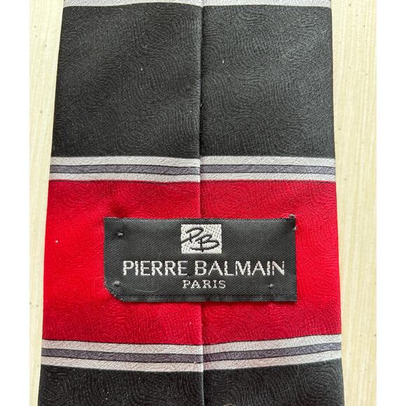 Vintage Luxury Pierre Balmain Paris Silk Tie Red Black Geometric Diamond Pattern - Picture 3 of 6